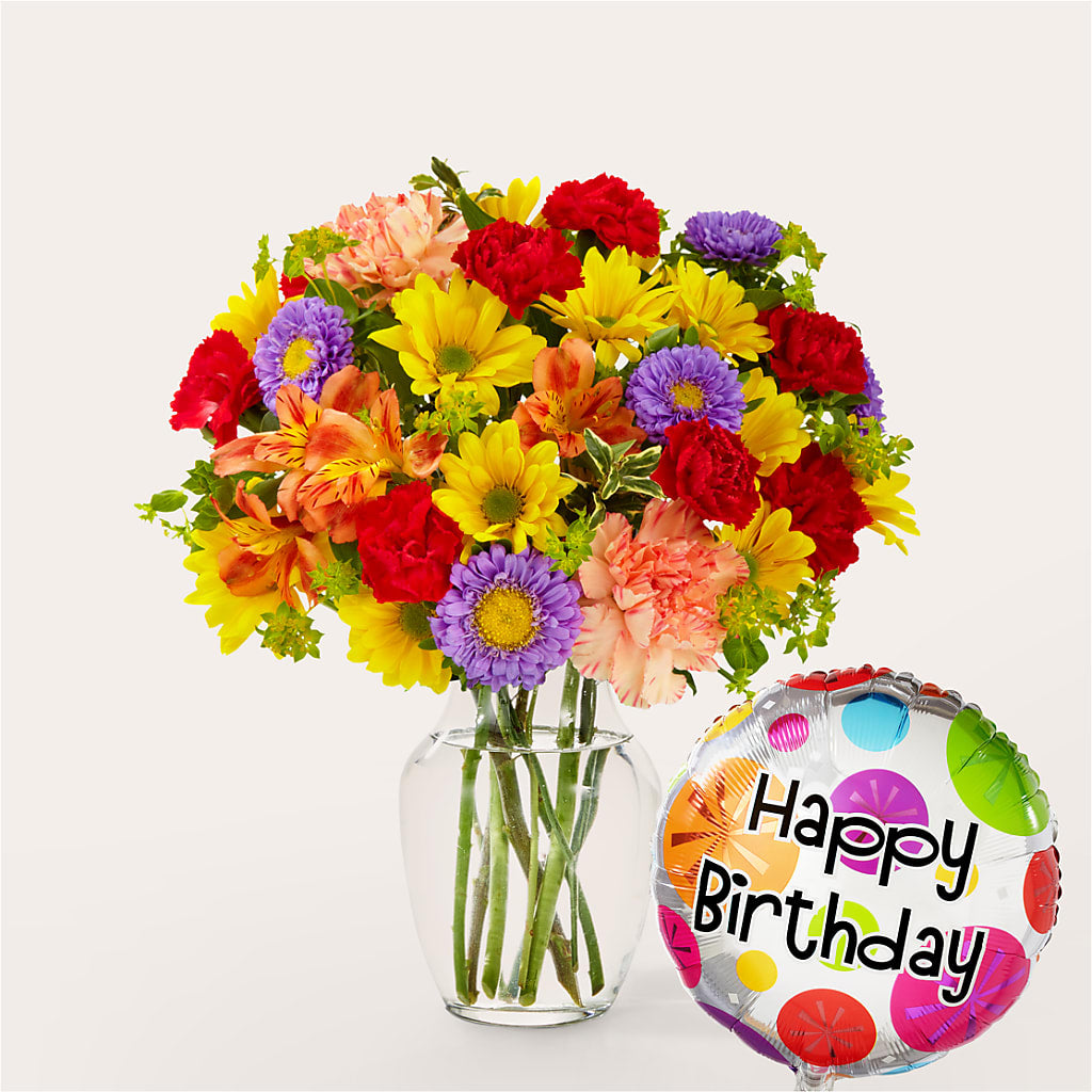 Kaleidoscope Bouquet with Birthday Balloon – KAY'S FLORAL AFFAIR, Monett MO