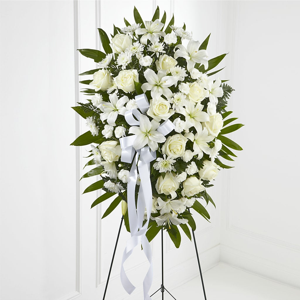 Exquisite Tribute Standing Spray-White Ribbon – KAY'S FLORAL AFFAIR, Monett MO