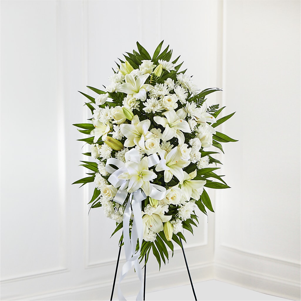 Exquisite Tribute Standing Spray-White Ribbon – KAY'S FLORAL AFFAIR, Monett MO